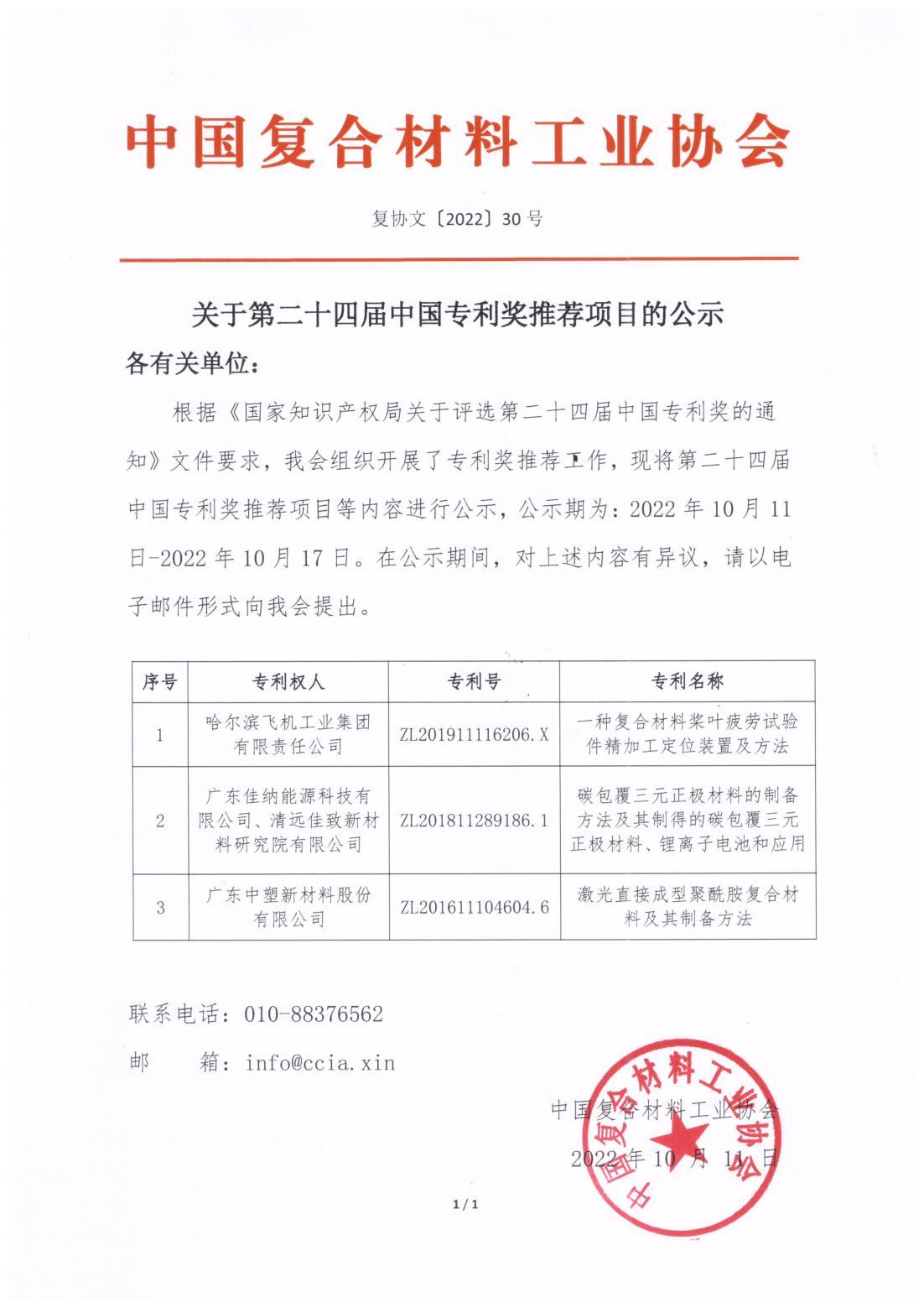 關(guān)于第二十四屆中國(guó)專利獎(jiǎng)推薦項(xiàng)目的公示